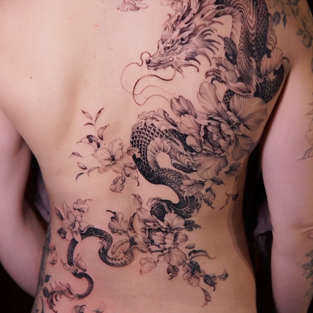 11. Title: Intricate Dragon and Floral Fusion